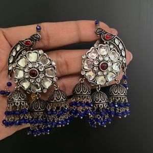 Oxidised peacock 3 layer jhumki
